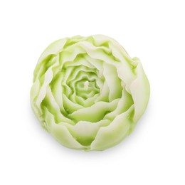 Photo of Beautiful green flower-shaped candle isolated on white, top view