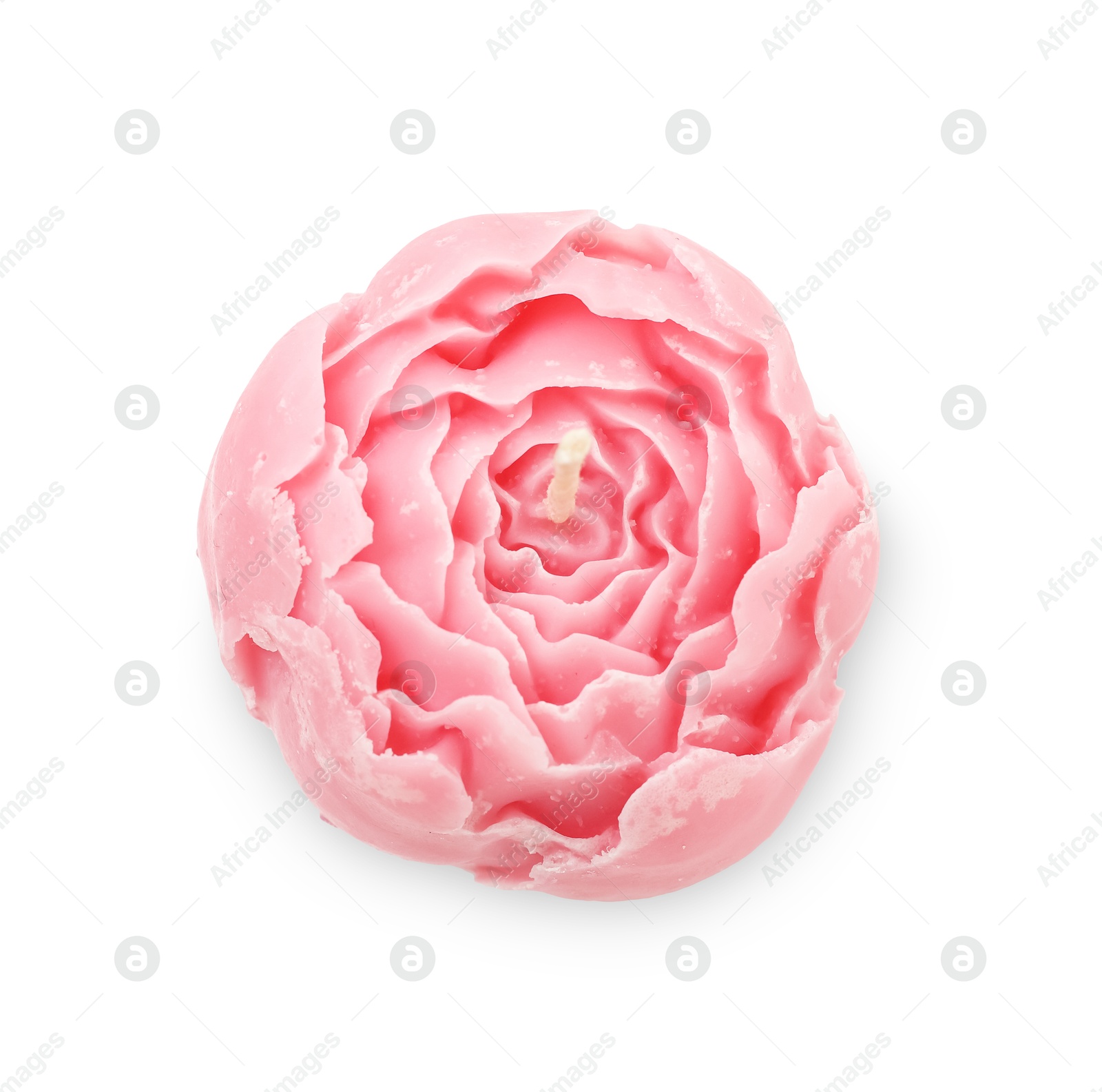 Photo of Beautiful pink flower-shaped candle isolated on white, top view