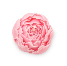 Photo of Beautiful pink flower-shaped candle isolated on white, top view