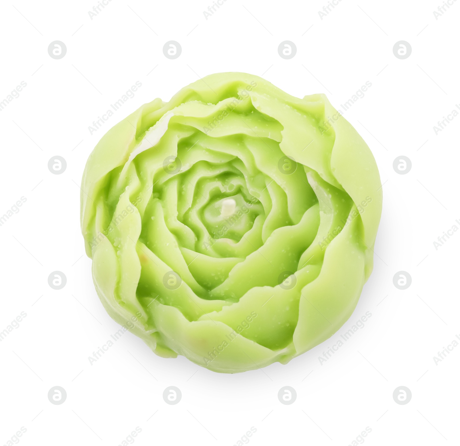 Beautiful green flower-shaped candle isolated on white, top view Photo of Beautiful green flower-shaped candle isolated on white, top view