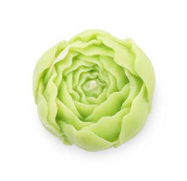 Photo of Beautiful green flower-shaped candle isolated on white, top view