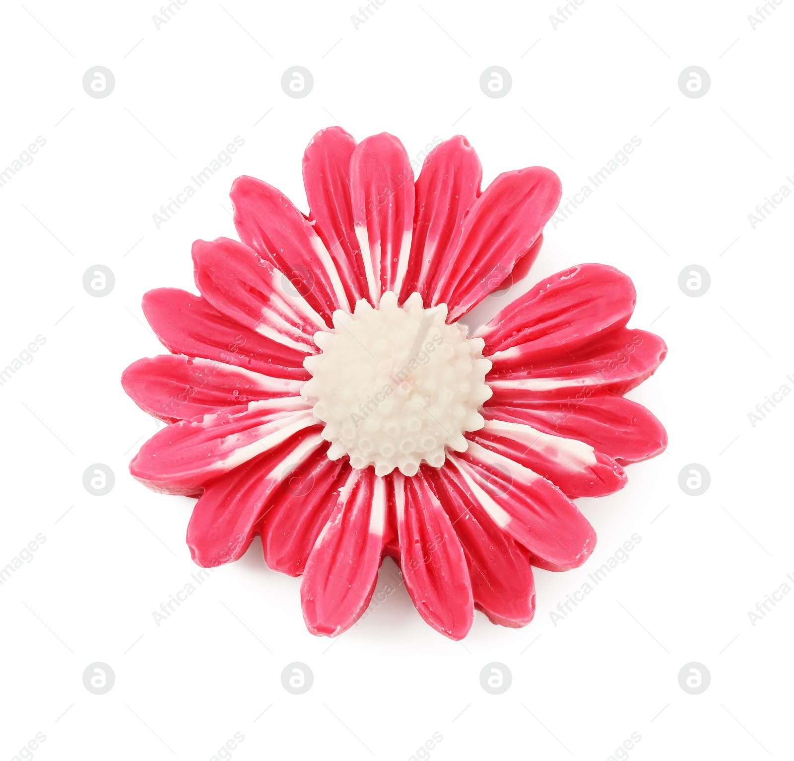 Photo of Beautiful pink flower-shaped candle isolated on white, top view