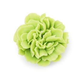 Photo of Beautiful green flower-shaped candle isolated on white, top view