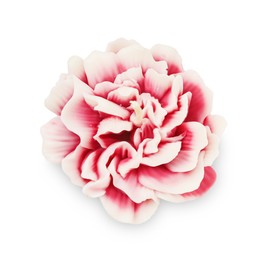 Photo of Beautiful flower-shaped candle isolated on white, top view