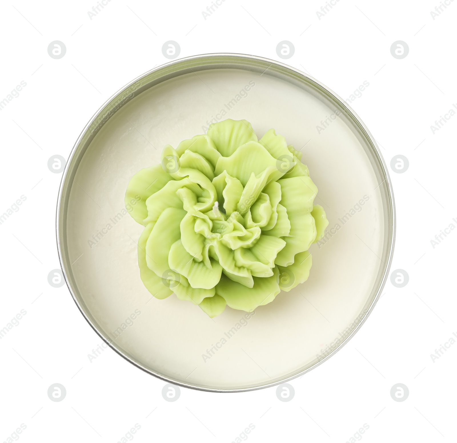 Photo of Beautiful green flower-shaped candle isolated on white, top view