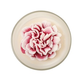 Photo of Beautiful flower-shaped candle isolated on white, top view