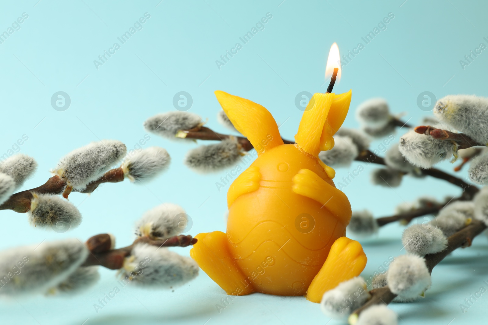 Photo of Beautiful burning candle and pussy willow on light blue background, closeup. Easter decor