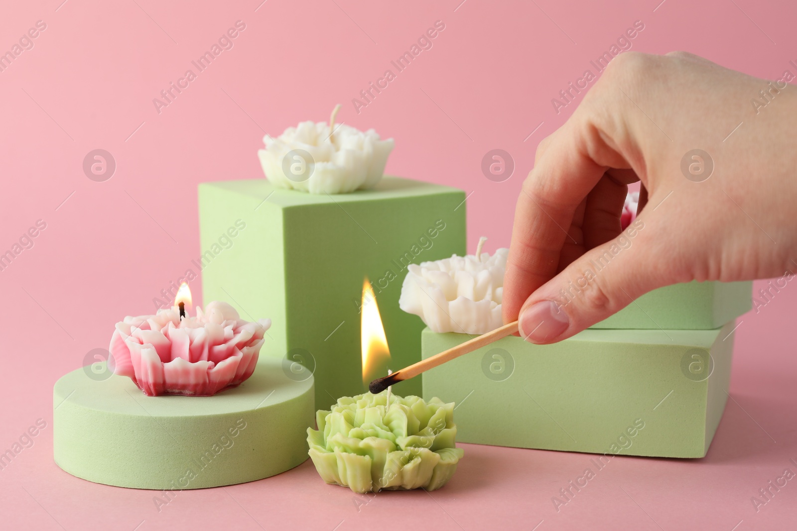 Photo of Woman lighting up beautiful flower shaped candles on pink background, closeup