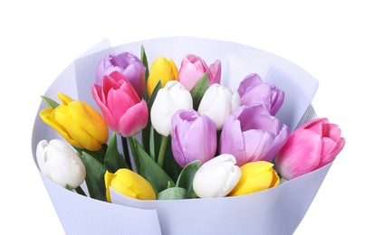 Photo of Bouquet of beautiful bright tulips on white background