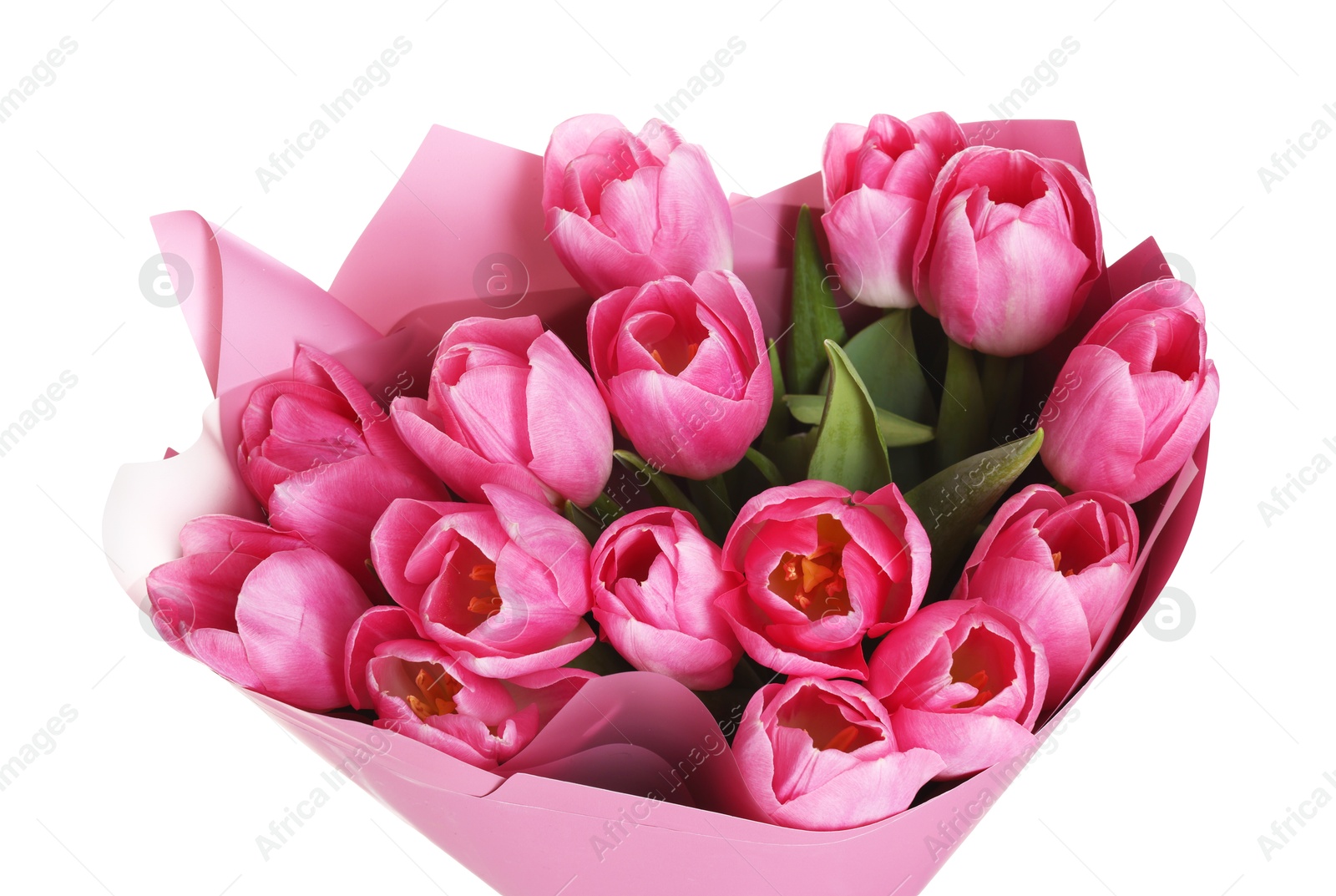 Photo of Bouquet of beautiful pink tulips isolated on white