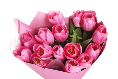 Photo of Bouquet of beautiful pink tulips isolated on white