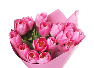 Photo of Bouquet of beautiful pink tulips isolated on white