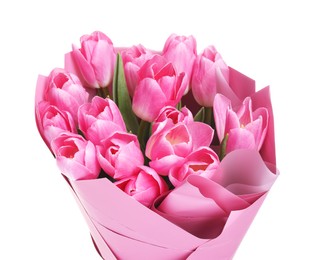 Photo of Bouquet of beautiful pink tulips isolated on white