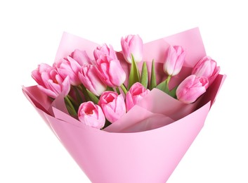 Photo of Bouquet of beautiful pink tulips isolated on white