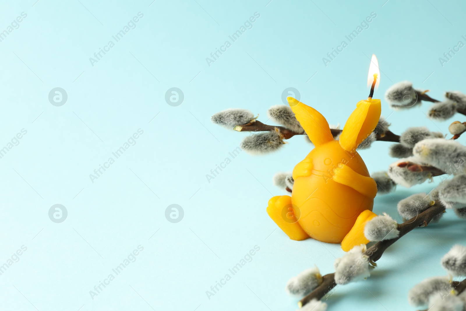 Photo of Beautiful burning candle and pussy willow on light blue background, closeup with space for text. Easter decor