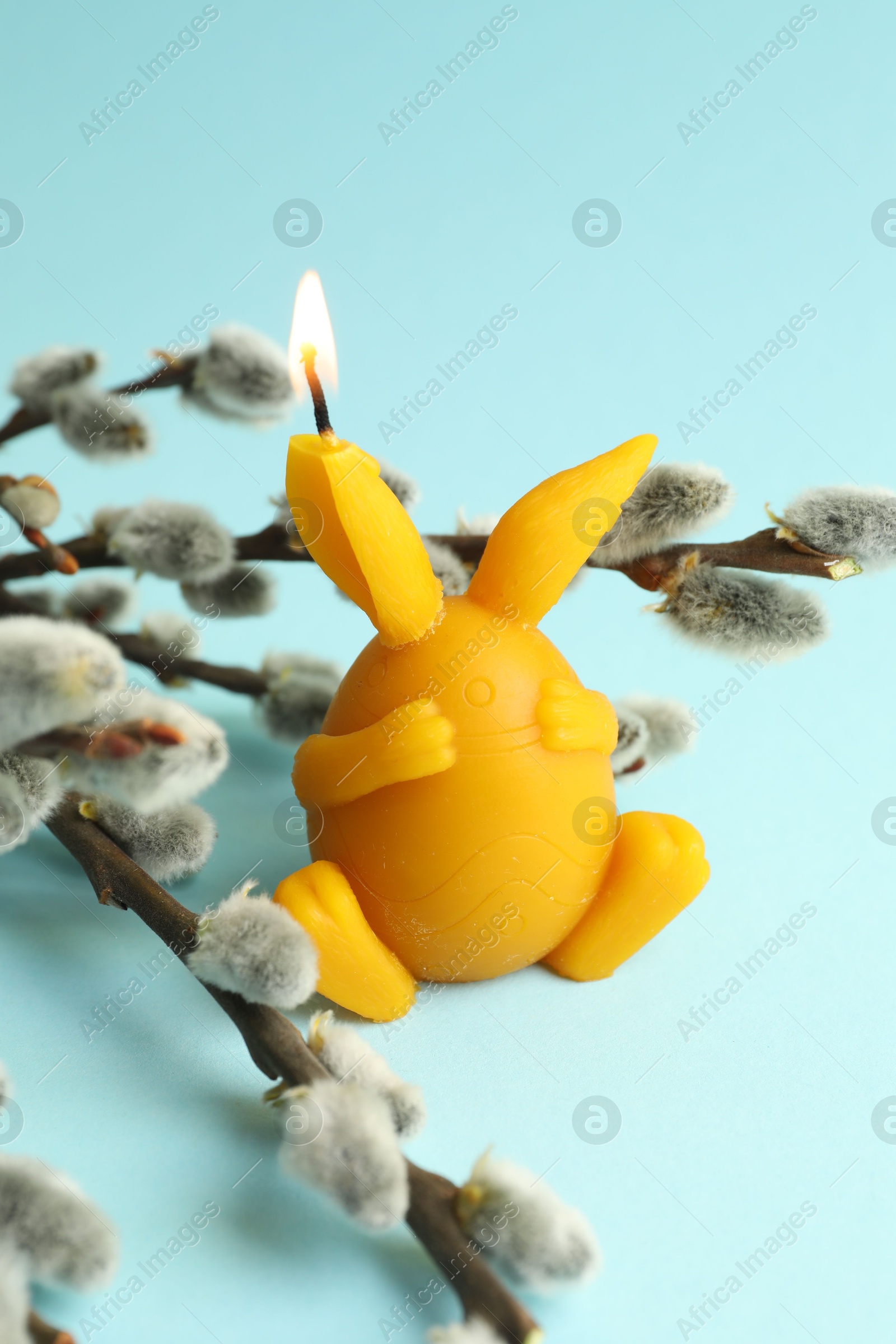 Photo of Beautiful burning candle and pussy willow on light blue background, closeup. Easter decor