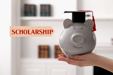 Image of Scholarship. Woman holding piggy bank with graduate hat indoors, closeup