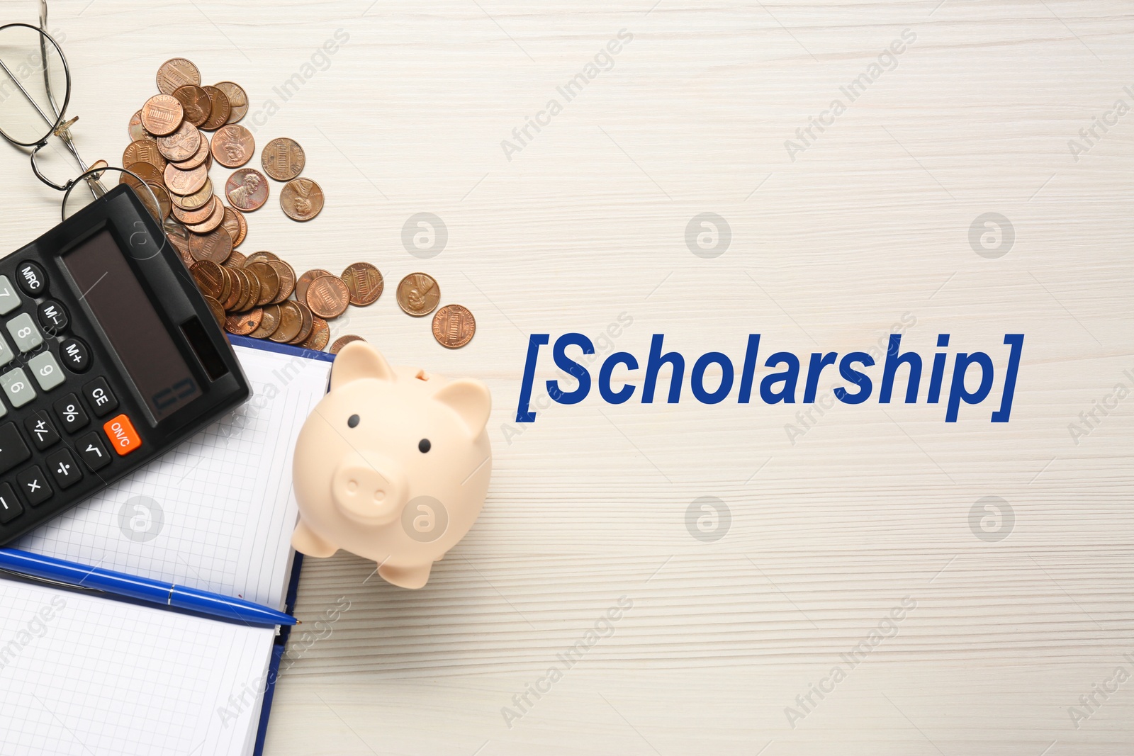 Image of Scholarship. Calculator, piggy bank, notebook, pen and coins on white wooden table, flat lay