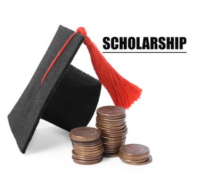 Image of Scholarship. Graduate hat and coins on white background