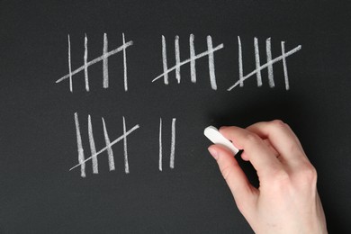 Photo of Woman counting days by drawing sticks with chalk on blackboard, closeup