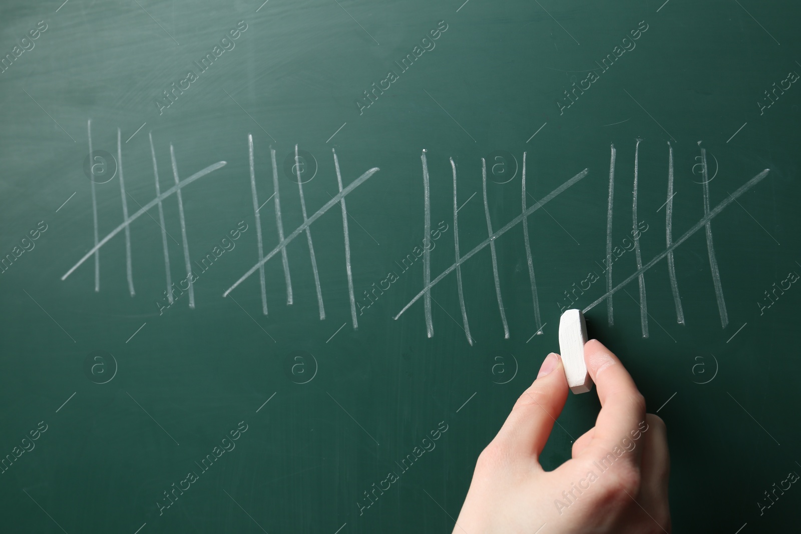 Photo of Woman counting days by writing sticks with chalk on chalkboard, closeup