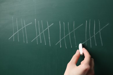 Photo of Woman counting days by writing sticks with chalk on chalkboard, closeup