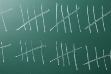 Photo of Counting days by drawing sticks with chalk on chalkboard, closeup