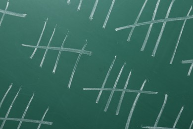 Photo of Counting days by drawing sticks with chalk on chalkboard, closeup