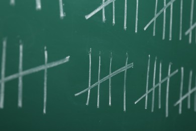 Photo of Counting days by drawing sticks with chalk on chalkboard, closeup