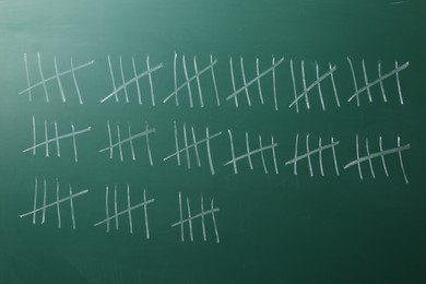 Photo of Counting days by drawing sticks with chalk on chalkboard, closeup