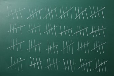 Photo of Counting days by drawing sticks with chalk on chalkboard, closeup