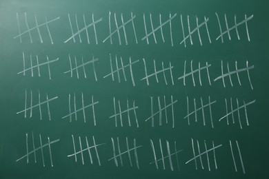 Photo of Counting days by drawing sticks with chalk on chalkboard, closeup