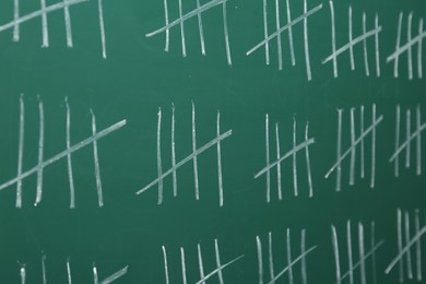 Photo of Counting days by drawing sticks with chalk on chalkboard, closeup