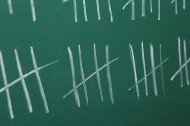 Photo of Counting days by drawing sticks with chalk on chalkboard, closeup