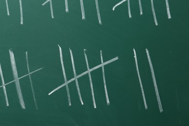 Photo of Counting days by drawing sticks with chalk on chalkboard, closeup