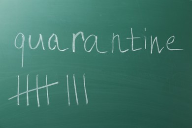 Photo of Counting days by drawing sticks with chalk and word Quarantine on chalkboard, closeup