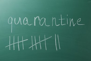 Photo of Counting days by drawing sticks with chalk and word Quarantine on chalkboard, closeup