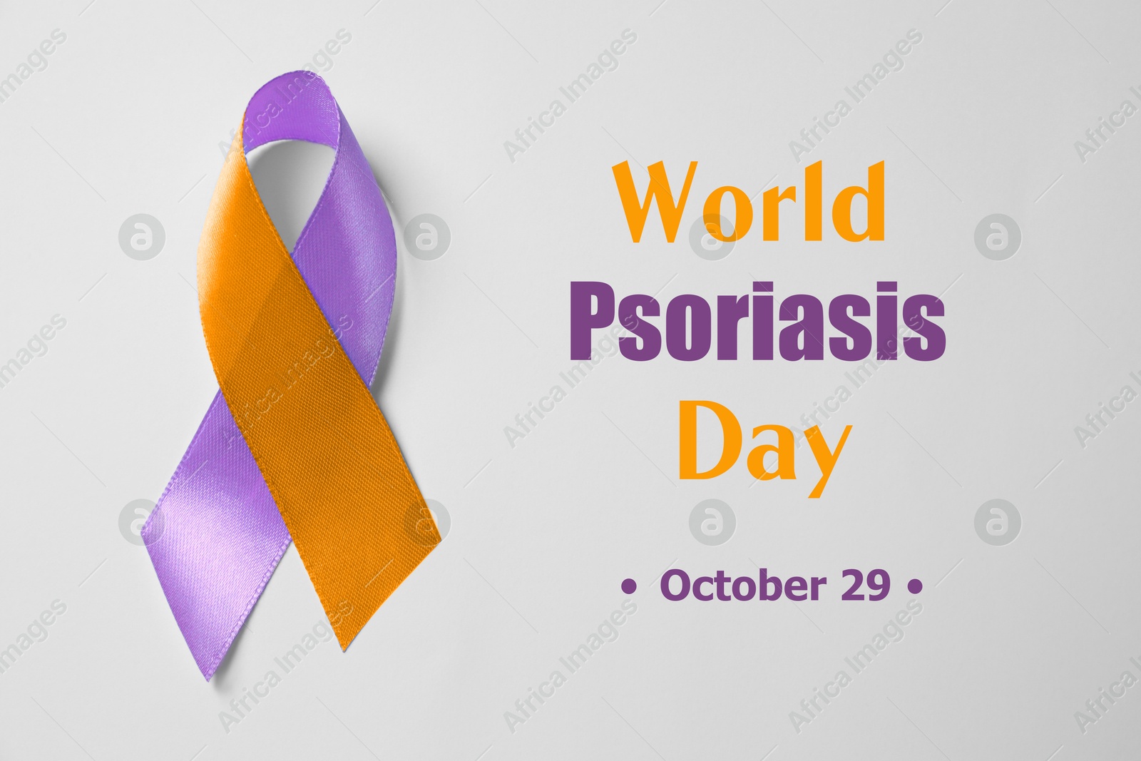 Image of World Psoriasis Day (October, 29). Orange-orchid awareness ribbon on white background, top view