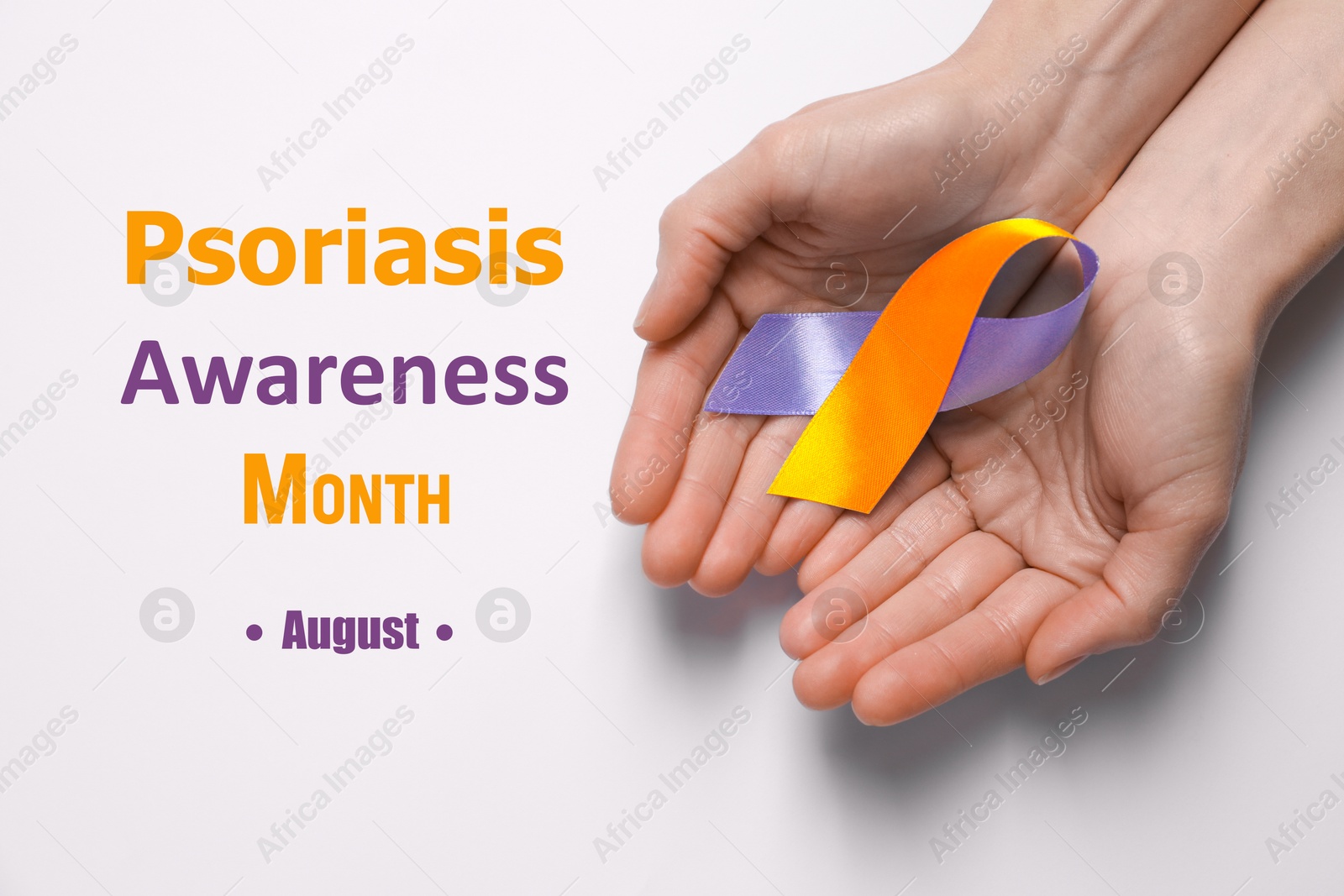 Image of Psoriasis Awareness Month (August). Woman holding orange-orchid awareness ribbon on white background, top view