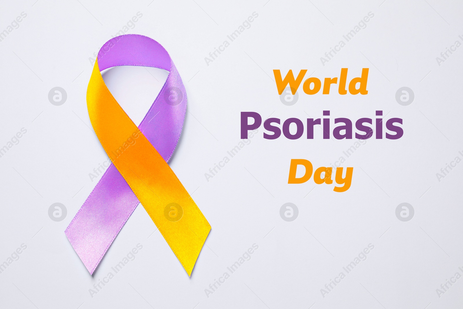 Image of World Psoriasis Day. Orange-orchid awareness ribbon on white background, top view