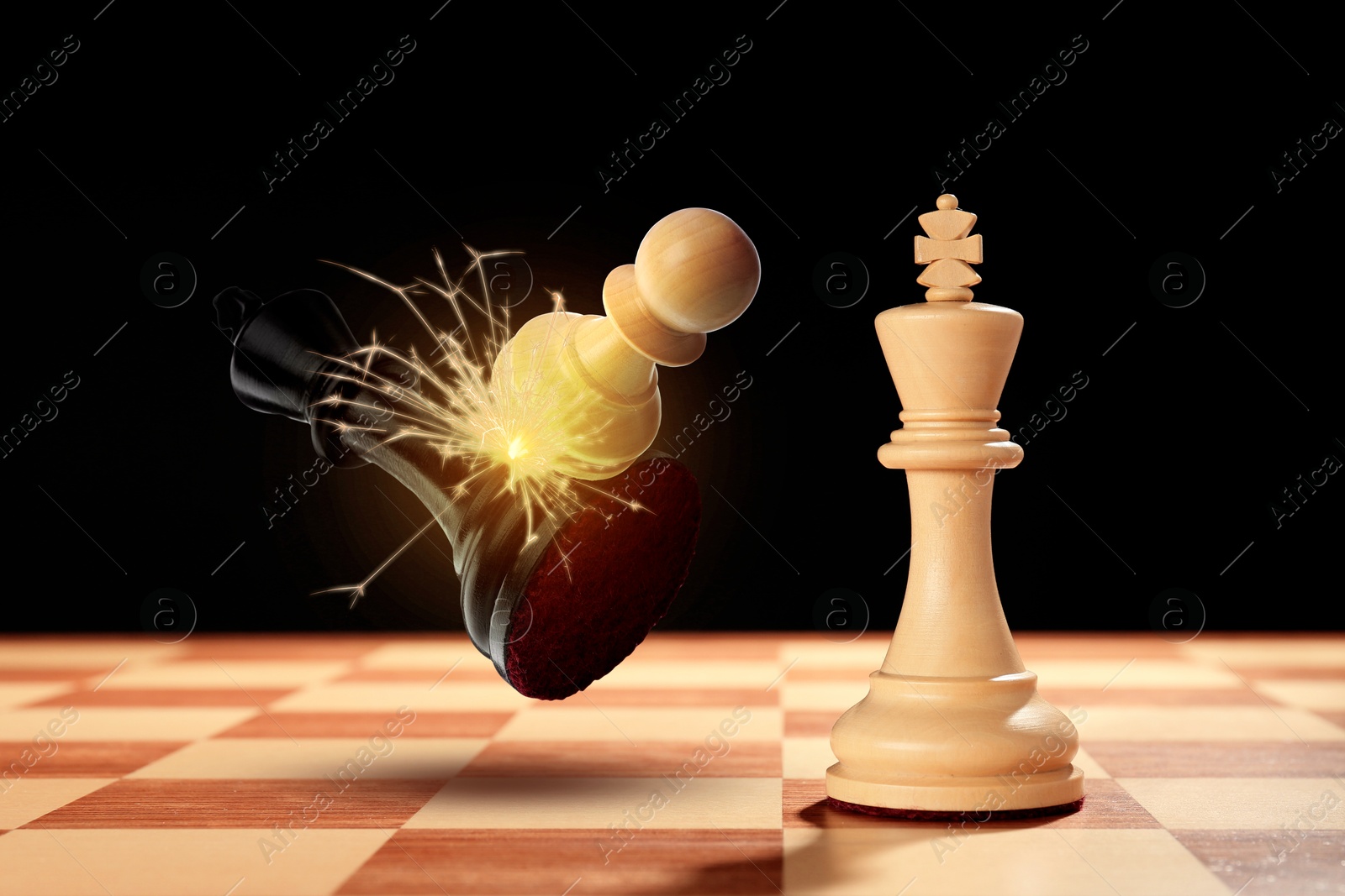 Image of Chess game. White pawn beating black king in air over chessboard