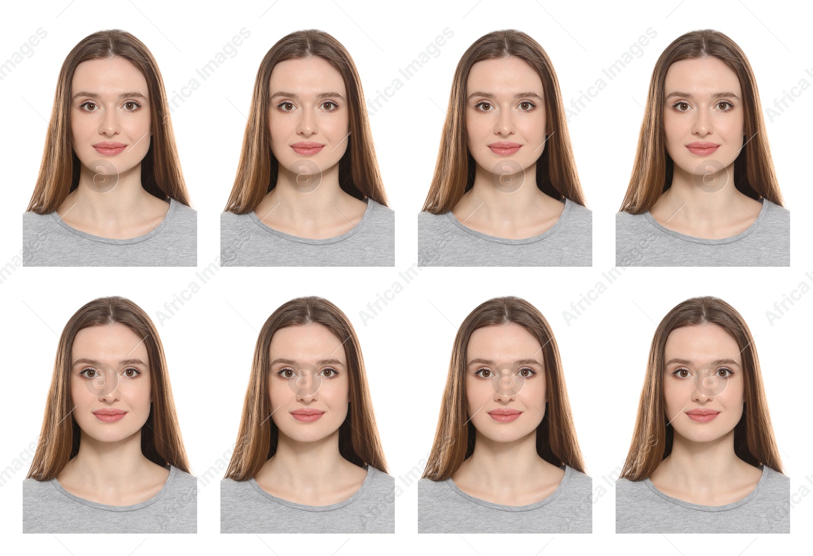 Image of Photo of woman for passport or other document on white background, set