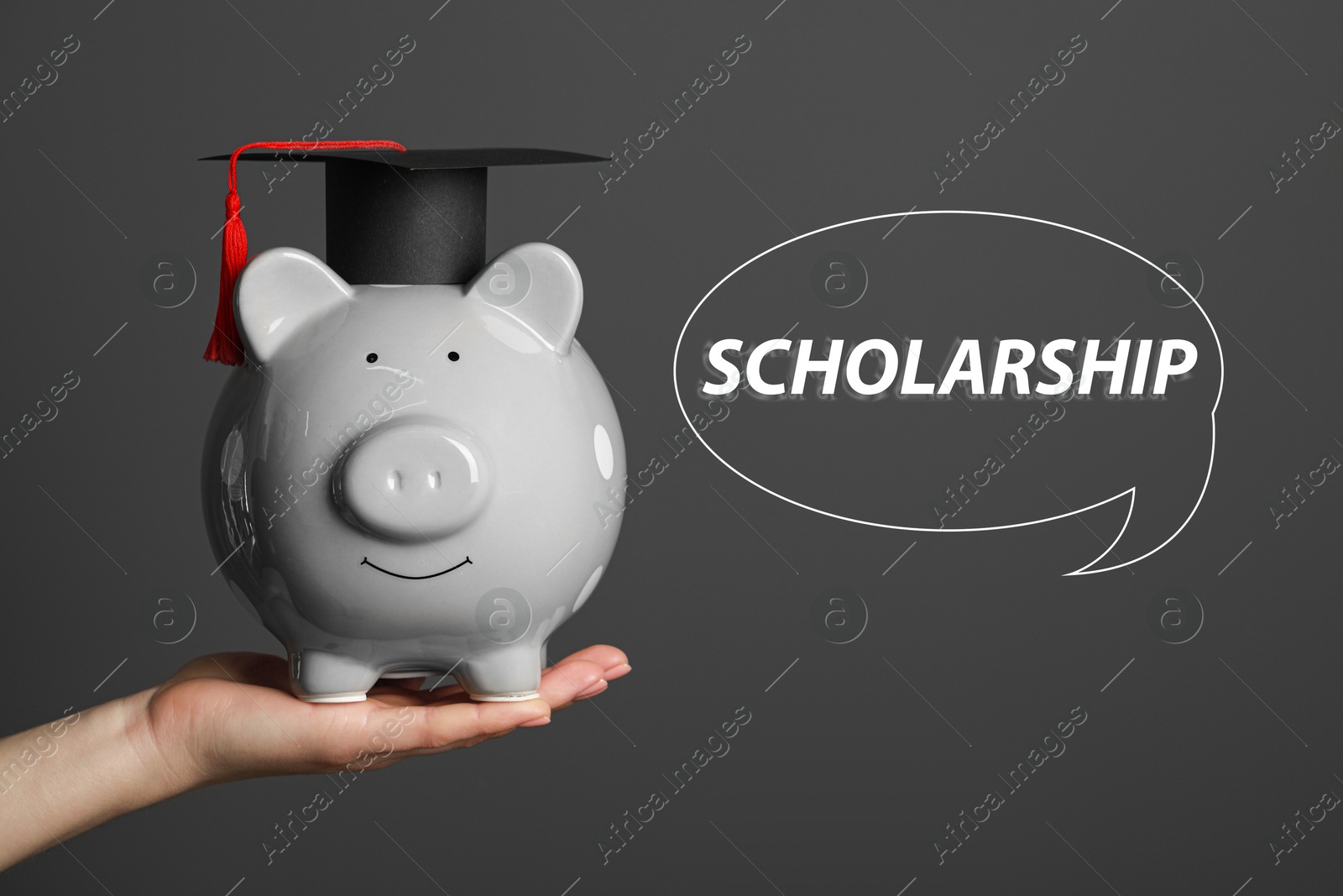 Image of Scholarship. Woman holding piggy bank and graduate hat against dark grey background, closeup. Speech bubble with word