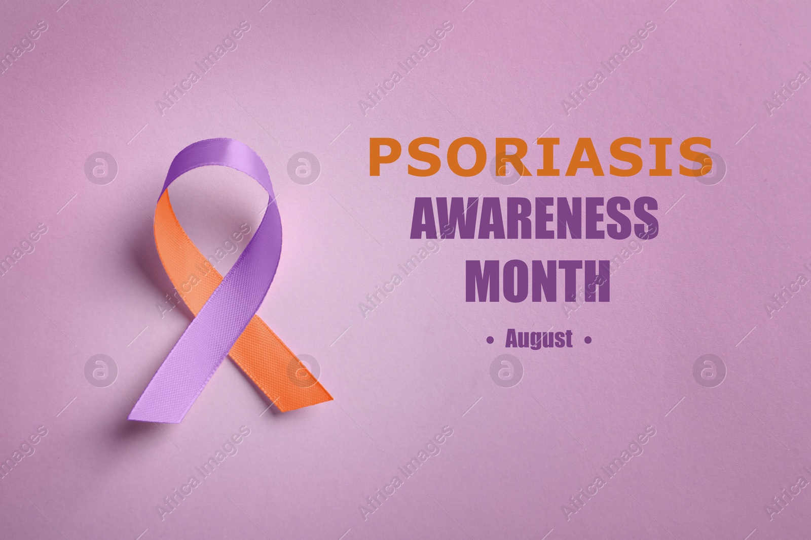 Image of Psoriasis Awareness Month (August). Orange-orchid awareness ribbon on pink background, top view