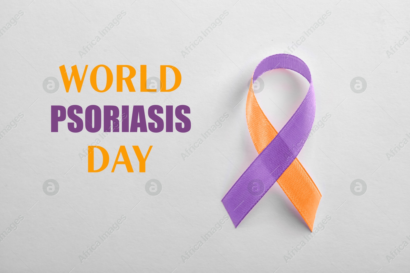 Image of World Psoriasis Day. Orange-orchid awareness ribbon on white background, top view