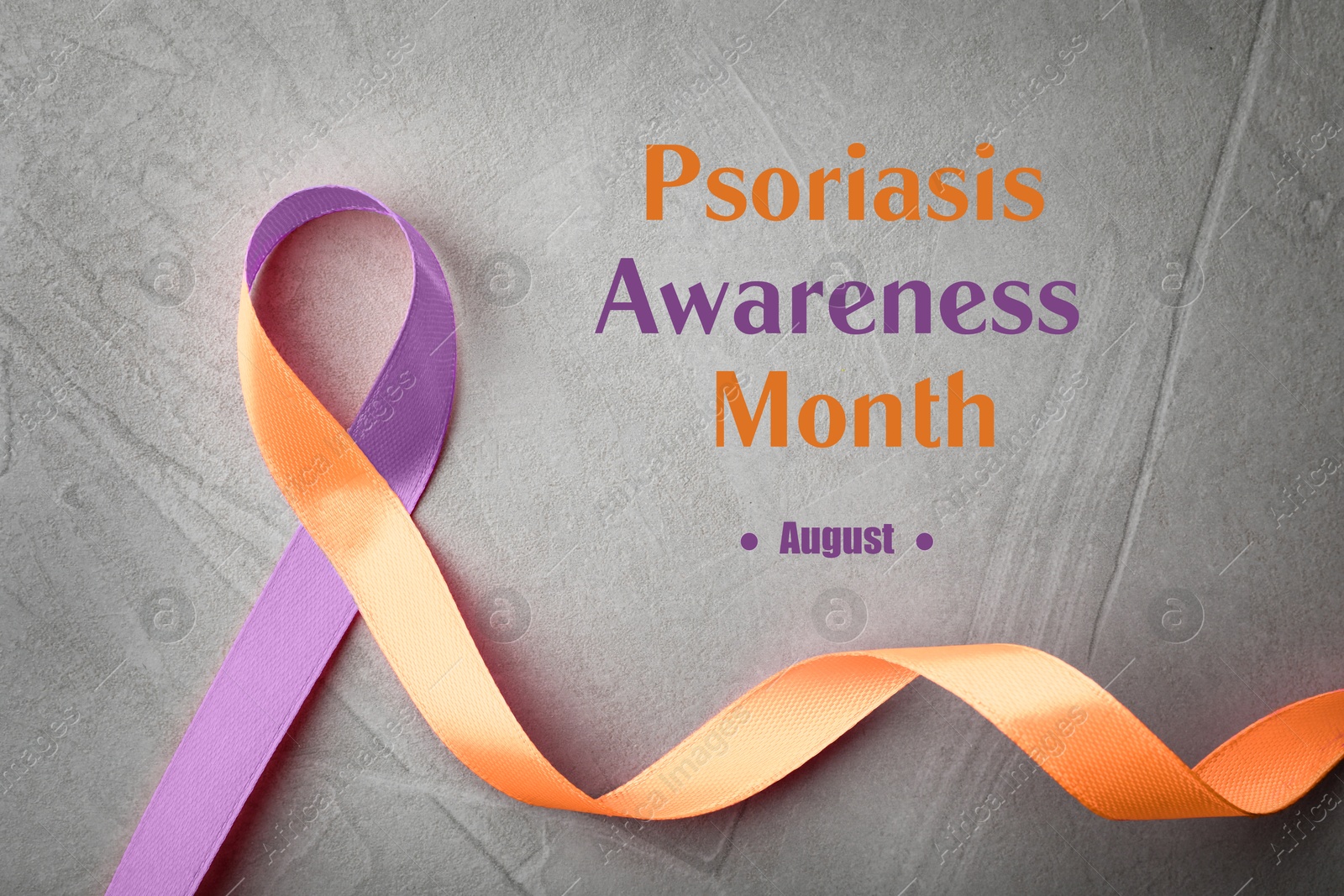 Image of Psoriasis Awareness Month (August). Orange-orchid awareness ribbon on grey background, top view