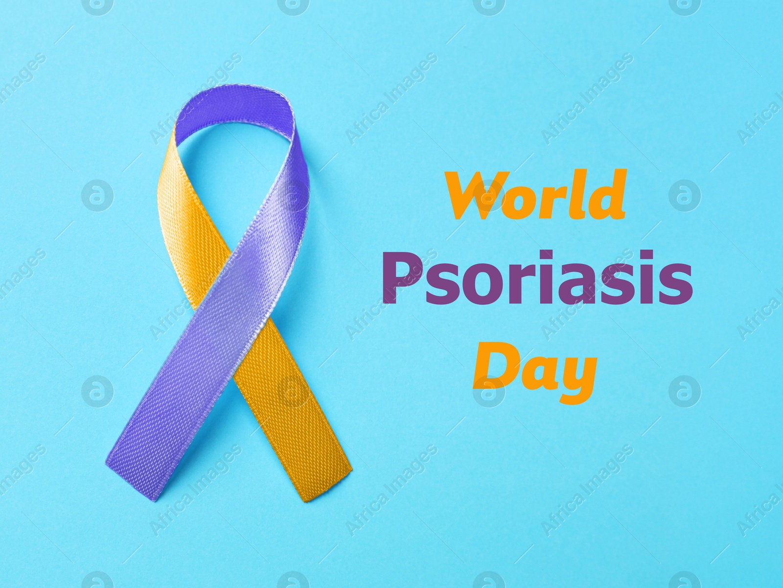 Image of World Psoriasis Day. Orange-orchid awareness ribbon on light blue background, top view