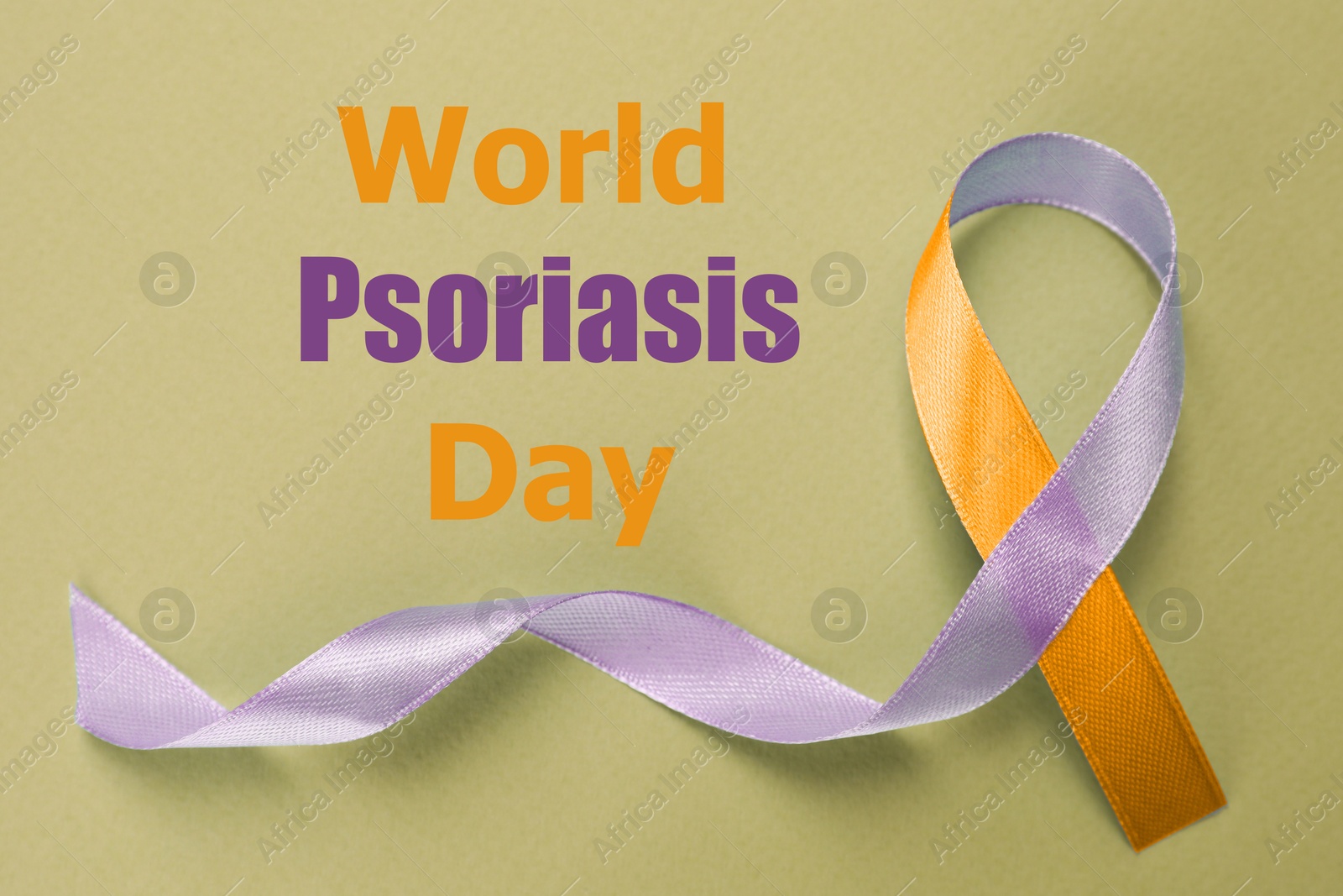 Image of World Psoriasis Day. Orange-orchid awareness ribbon on olive color background, top view