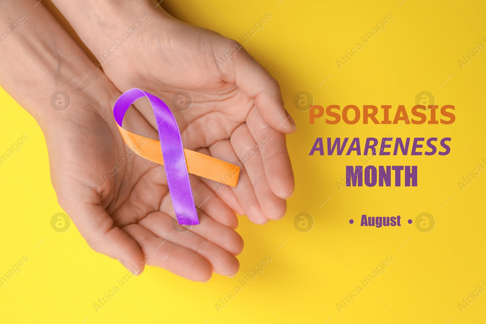 Image of Psoriasis Awareness Month (August). Woman holding orange-orchid awareness ribbon on yellow background, top view