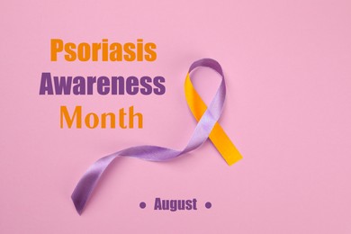 Image of Psoriasis Awareness Month (August). Orange-orchid awareness ribbon on pink background, top view